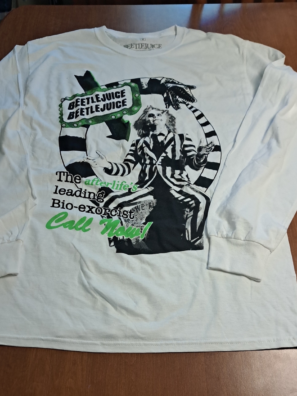 Beetlejuice Graphic Long Sleeve Tee - White with Black & Neon Green